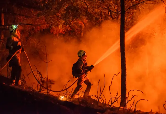 Bombero con una manguera apagando un incendio forestal